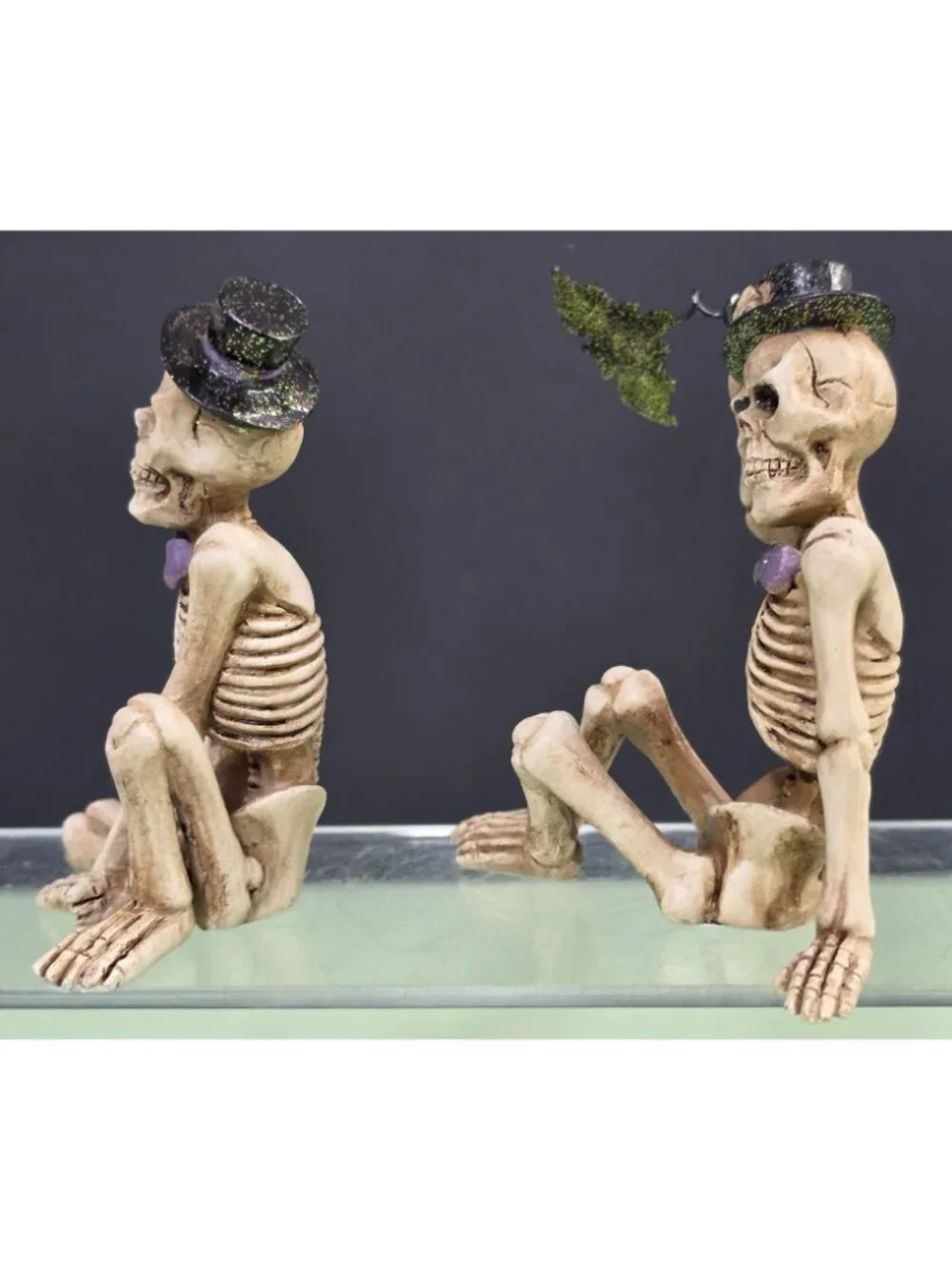 Halloween Skeleton Figurines Set of 2 Top Hat Pumpkin Bat Resin Decor